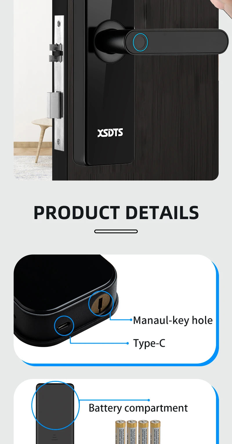 Tuya Wifi Electronic Smart Door Lock With Biometric Fingerprint / Smart Card / Password / Key Unlock/ USB Emergency Charge
