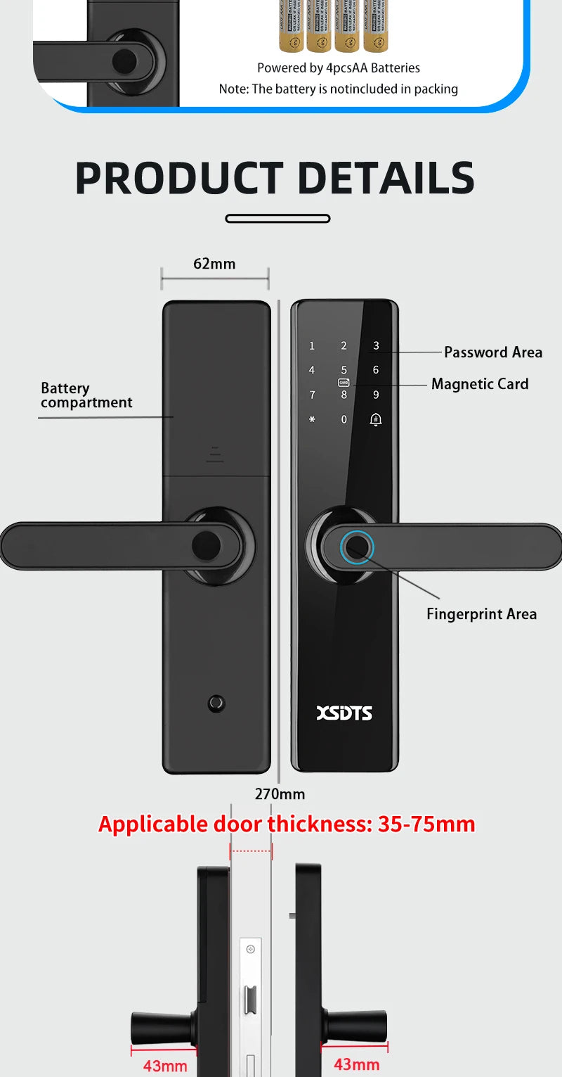Tuya Wifi Electronic Smart Door Lock With Biometric Fingerprint / Smart Card / Password / Key Unlock/ USB Emergency Charge