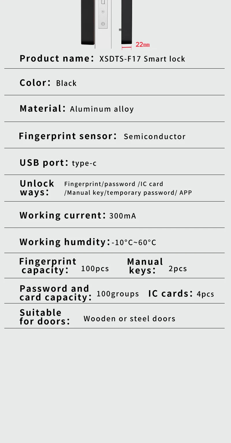 Tuya Wifi Electronic Smart Door Lock With Biometric Fingerprint / Smart Card / Password / Key Unlock/ USB Emergency Charge